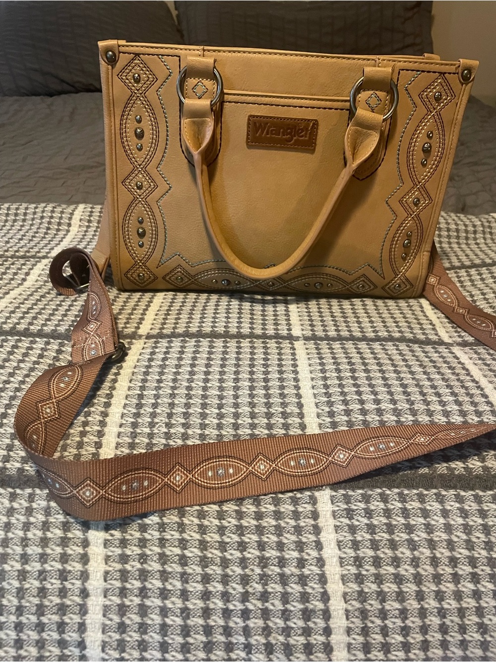 Wrangler Tan Embellished Satchel with Patterned Strap
